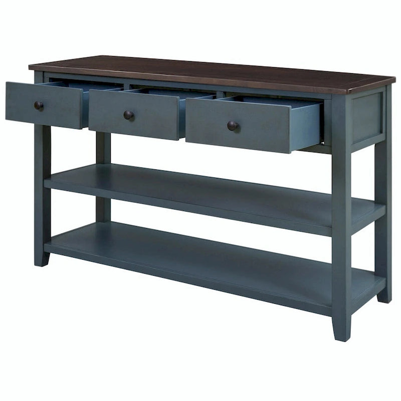 Consolle retrò beige/bianco/blu scuro, 3 cassetti e 2 ripiani aperti