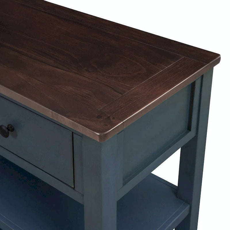Consolle retrò beige/bianco/blu scuro, 3 cassetti e 2 ripiani aperti