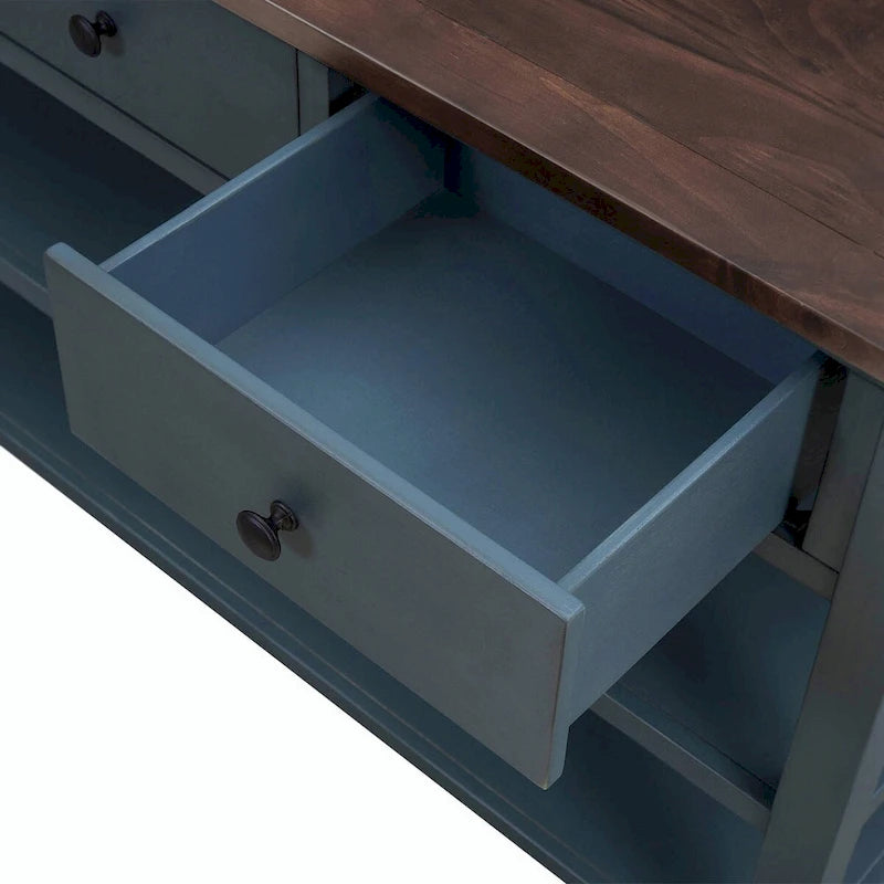 Consolle retrò beige/bianco/blu scuro, 3 cassetti e 2 ripiani aperti