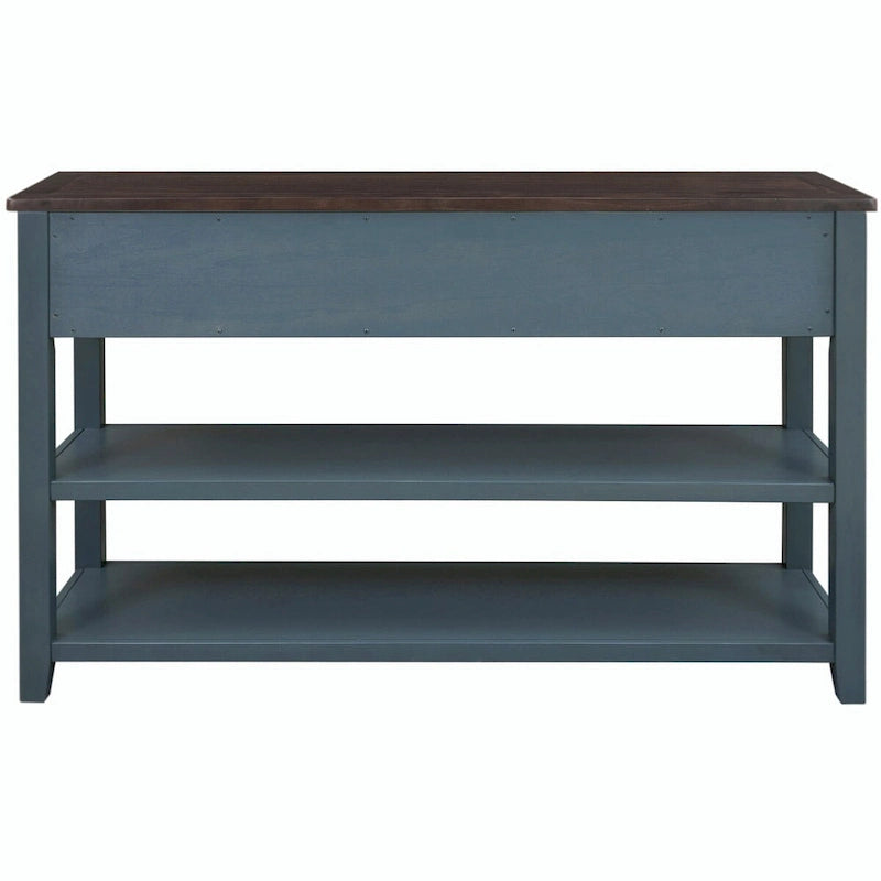 Consolle retrò beige/bianco/blu scuro, 3 cassetti e 2 ripiani aperti