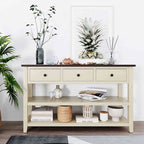 Consolle retrò beige/bianco/blu scuro, 3 cassetti e 2 ripiani aperti