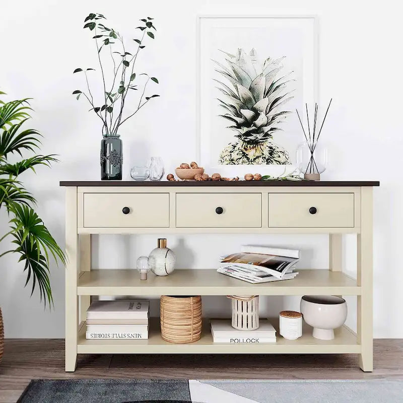 Consolle retrò beige/bianco/blu scuro, 3 cassetti e 2 ripiani aperti