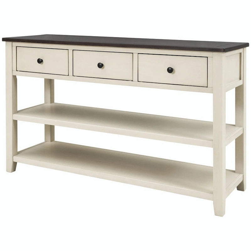 Consolle retrò beige/bianco/blu scuro, 3 cassetti e 2 ripiani aperti