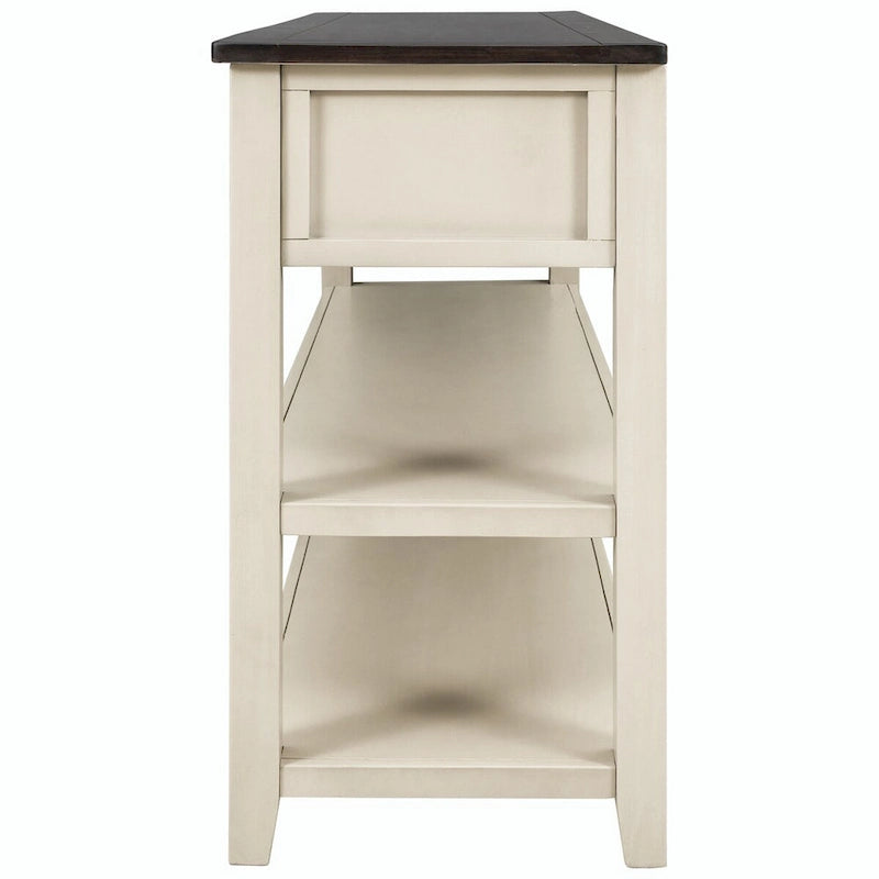 Consolle retrò beige/bianco/blu scuro, 3 cassetti e 2 ripiani aperti