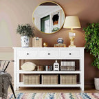 Consolle retrò beige/bianco/blu scuro, 3 cassetti e 2 ripiani aperti