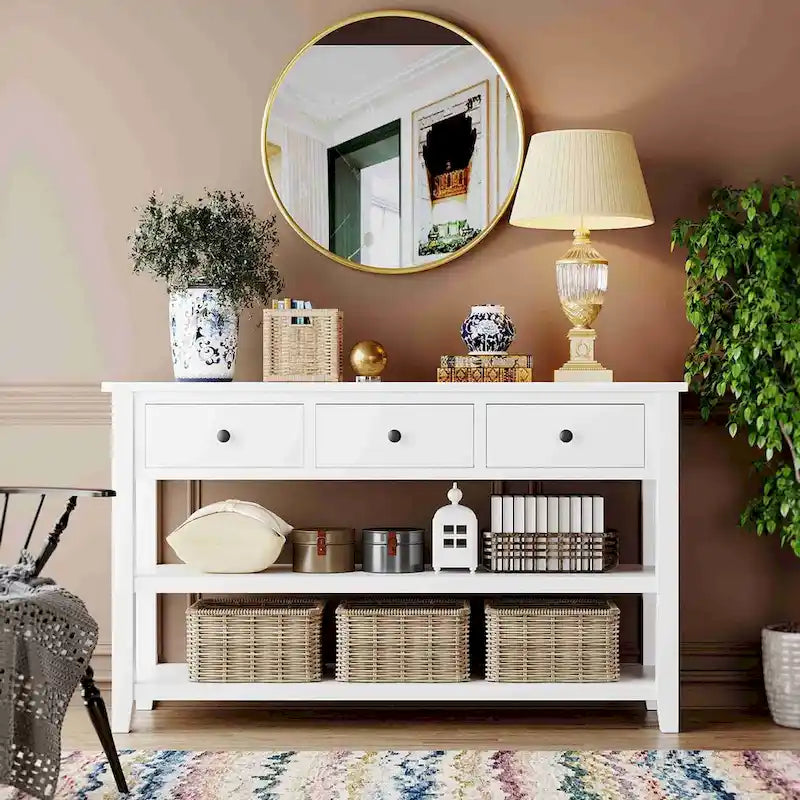 Consolle retrò beige/bianco/blu scuro, 3 cassetti e 2 ripiani aperti