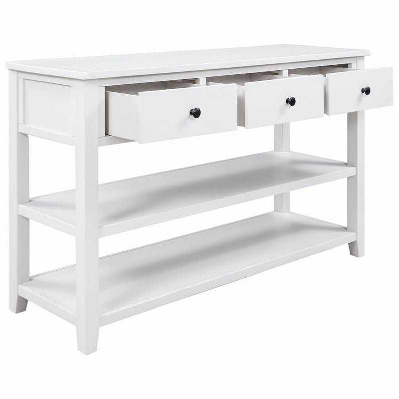 Consolle retrò beige/bianco/blu scuro, 3 cassetti e 2 ripiani aperti