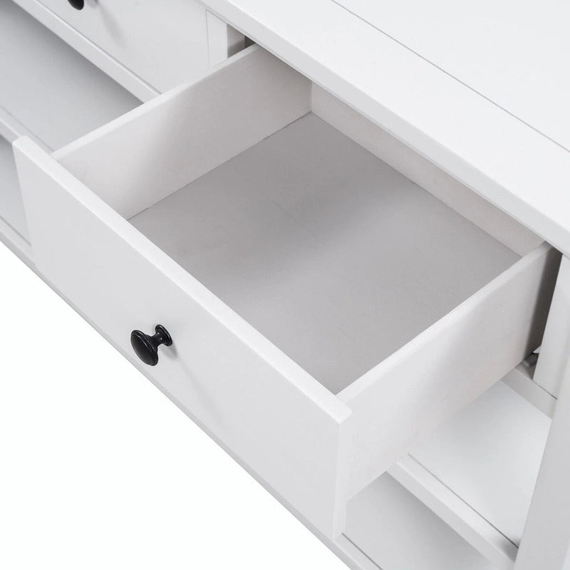Consolle retrò beige/bianco/blu scuro, 3 cassetti e 2 ripiani aperti