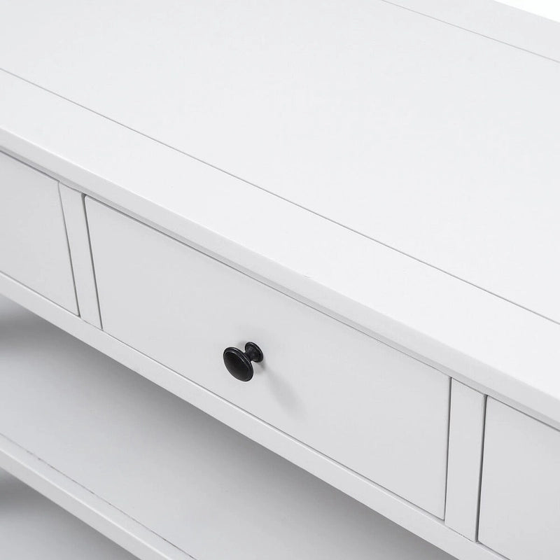 Consolle retrò beige/bianco/blu scuro, 3 cassetti e 2 ripiani aperti