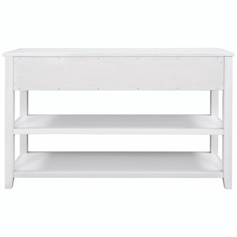 Consolle retrò beige/bianco/blu scuro, 3 cassetti e 2 ripiani aperti