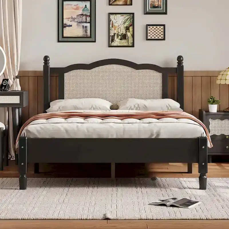 Letto a piattaforma con testiera in rattan nero/noce, Full/Queen, 2 persone