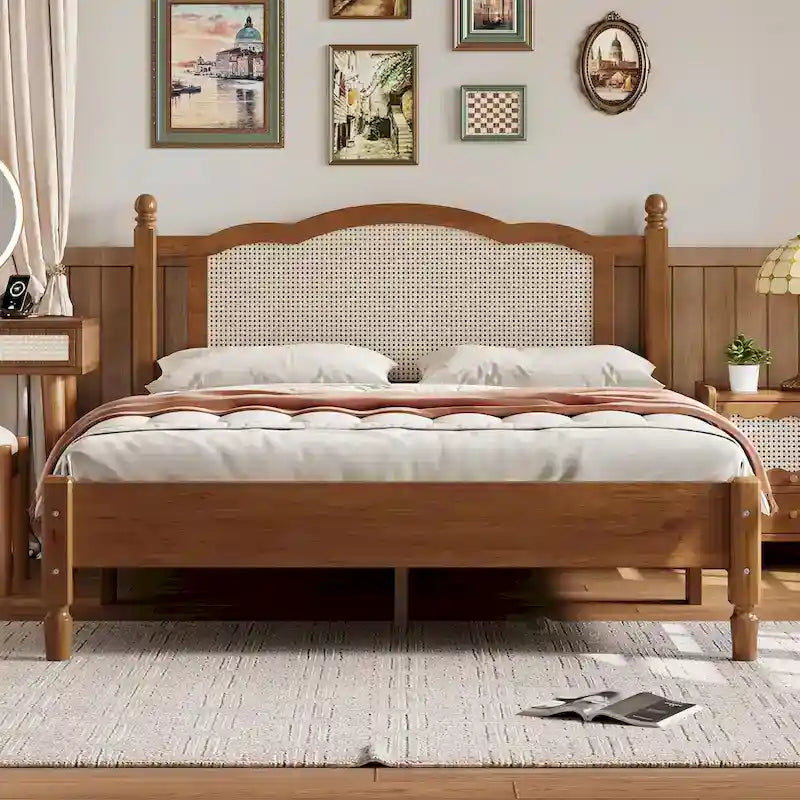 Letto a piattaforma con testiera in rattan nero/noce, Full/Queen, 2 persone