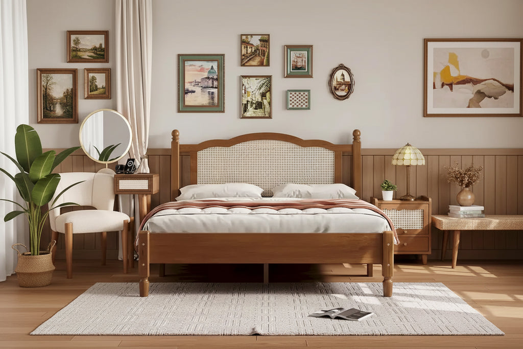 Wooden Platform Bed with Rattan Headboard and Slat Support