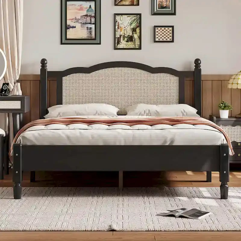 Letto a piattaforma con testiera in rattan nero/noce, Full/Queen, 2 persone