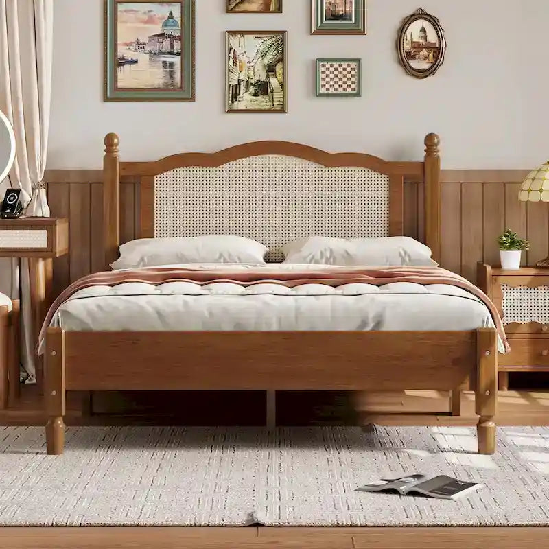 Letto a piattaforma con testiera in rattan nero/noce, Full/Queen, 2 persone
