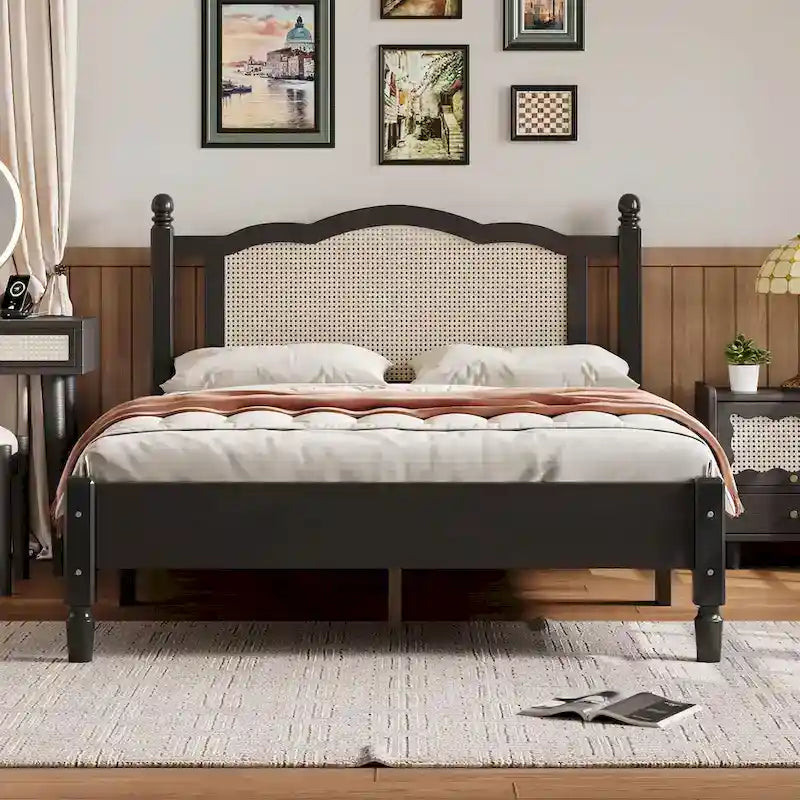 Letto a piattaforma con testiera in rattan nero/noce, Full/Queen, 2 persone