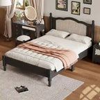 Letto a piattaforma con testiera in rattan nero/noce, Full/Queen, 2 persone