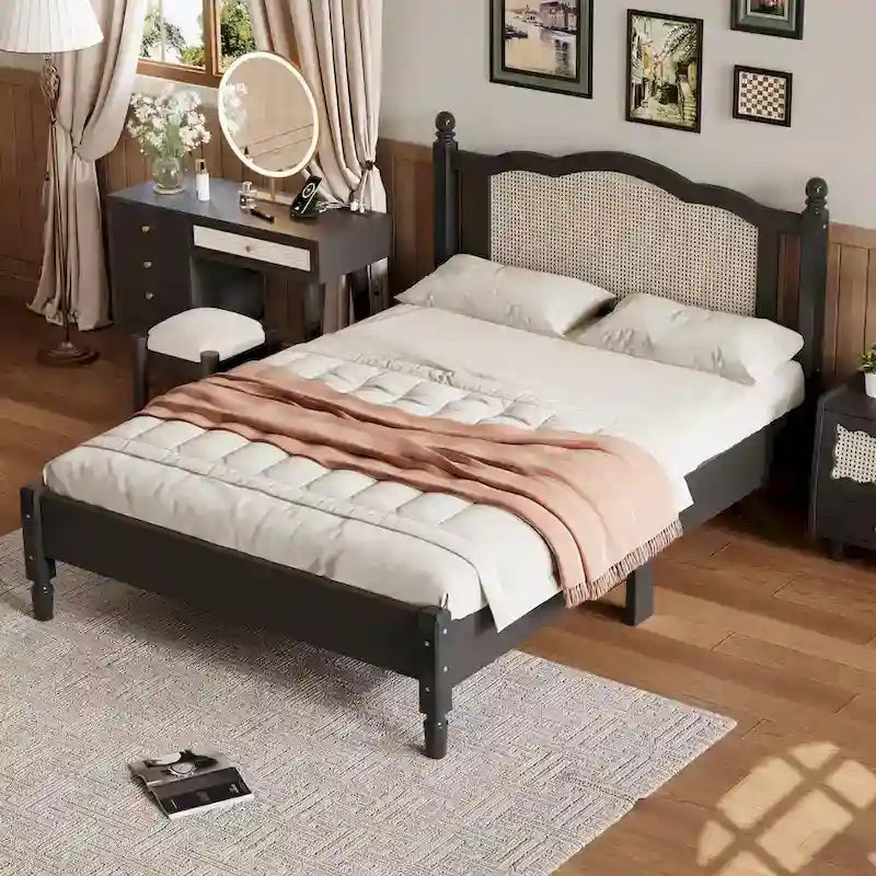 Letto a piattaforma con testiera in rattan nero/noce, Full/Queen, 2 persone