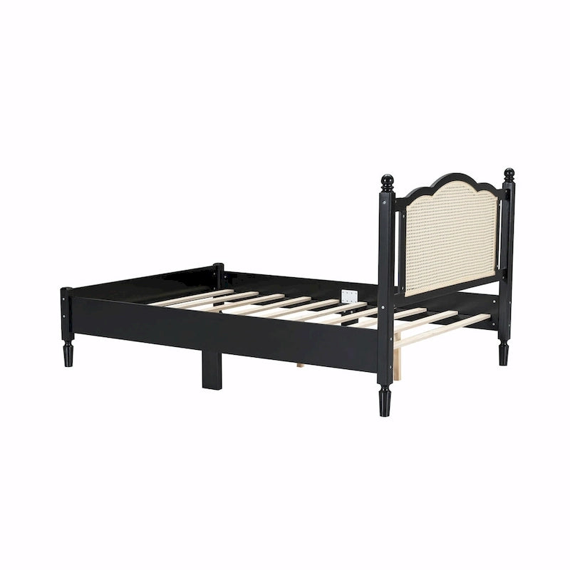 Letto a piattaforma con testiera in rattan nero/noce, Full/Queen, 2 persone