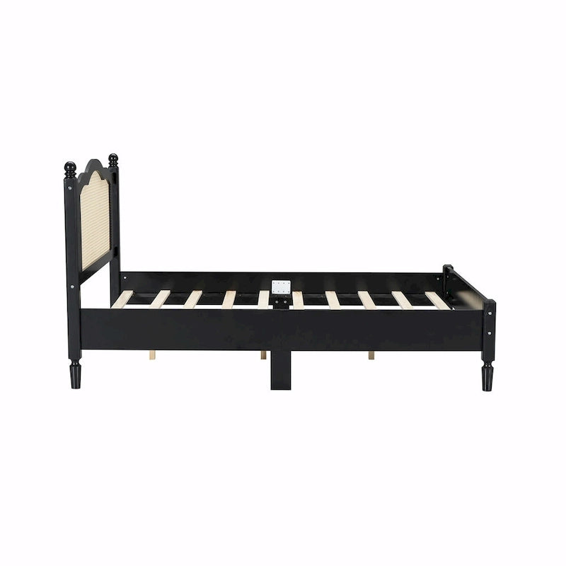 Letto a piattaforma con testiera in rattan nero/noce, Full/Queen, 2 persone