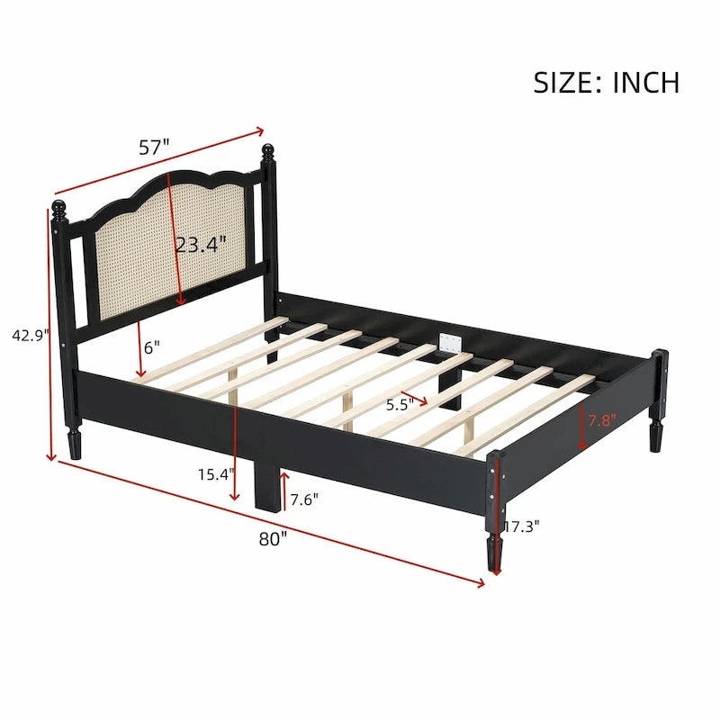 Letto a piattaforma con testiera in rattan nero/noce, Full/Queen, 2 persone