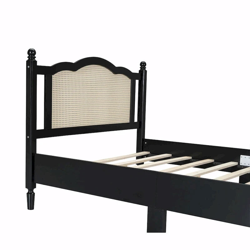 Letto a piattaforma con testiera in rattan nero/noce, Full/Queen, 2 persone
