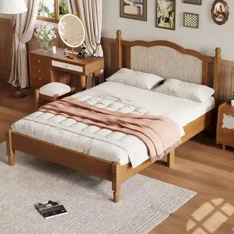 Letto a piattaforma con testiera in rattan nero/noce, Full/Queen, 2 persone