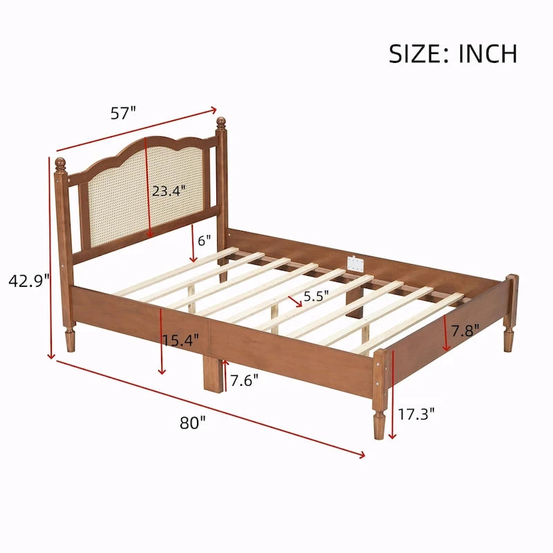 Letto a piattaforma con testiera in rattan nero/noce, Full/Queen, 2 persone