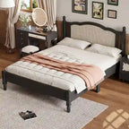 Letto a piattaforma con testiera in rattan nero/noce, Full/Queen, 2 persone