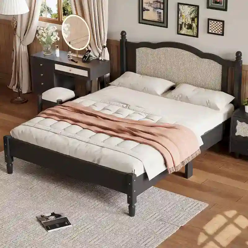 Letto a piattaforma con testiera in rattan nero/noce, Full/Queen, 2 persone
