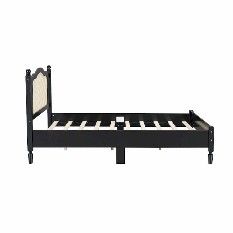 Letto a piattaforma con testiera in rattan nero/noce, Full/Queen, 2 persone