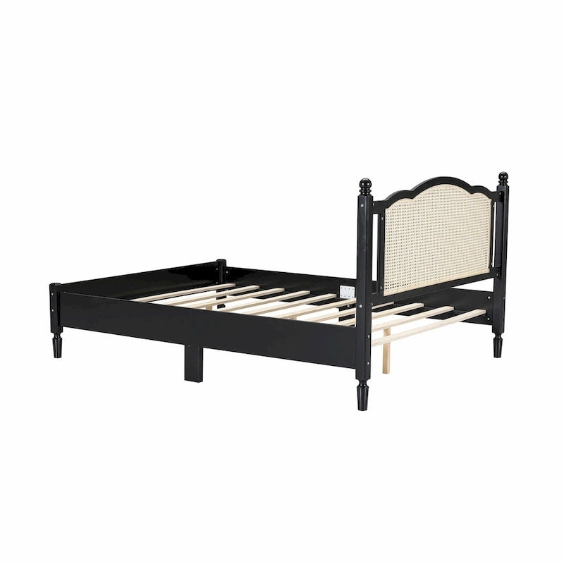 Letto a piattaforma con testiera in rattan nero/noce, Full/Queen, 2 persone