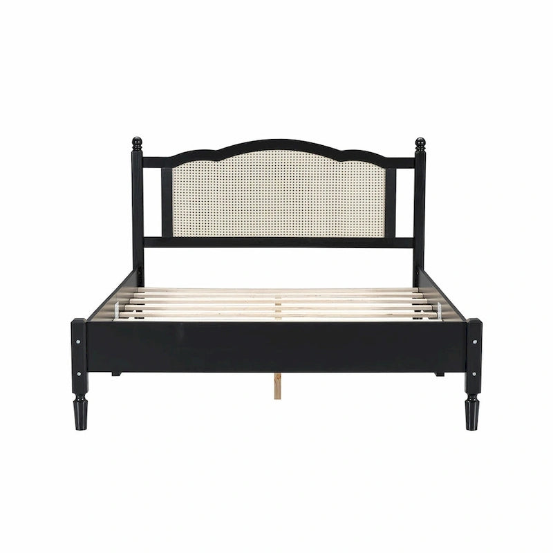 Letto a piattaforma con testiera in rattan nero/noce, Full/Queen, 2 persone