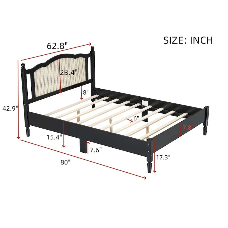 Letto a piattaforma con testiera in rattan nero/noce, Full/Queen, 2 persone
