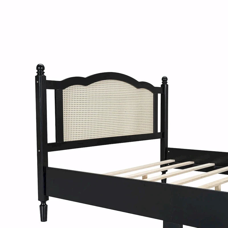 Letto a piattaforma con testiera in rattan nero/noce, Full/Queen, 2 persone