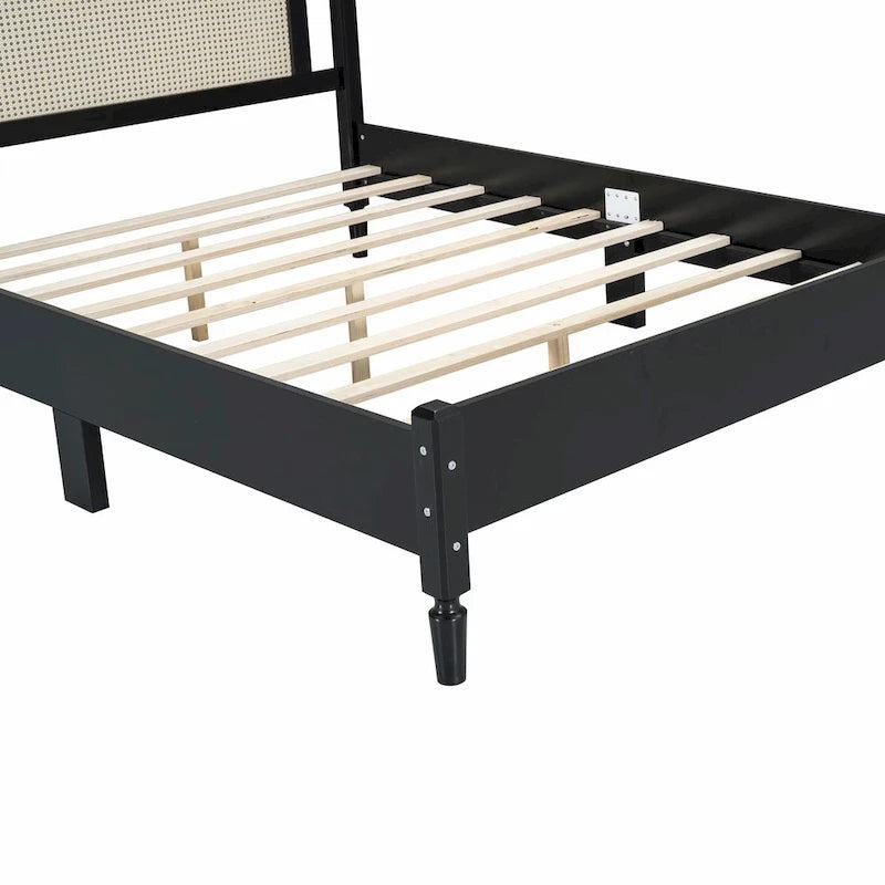 Letto a piattaforma con testiera in rattan nero/noce, Full/Queen, 2 persone