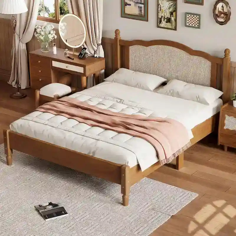 Letto a piattaforma con testiera in rattan nero/noce, Full/Queen, 2 persone