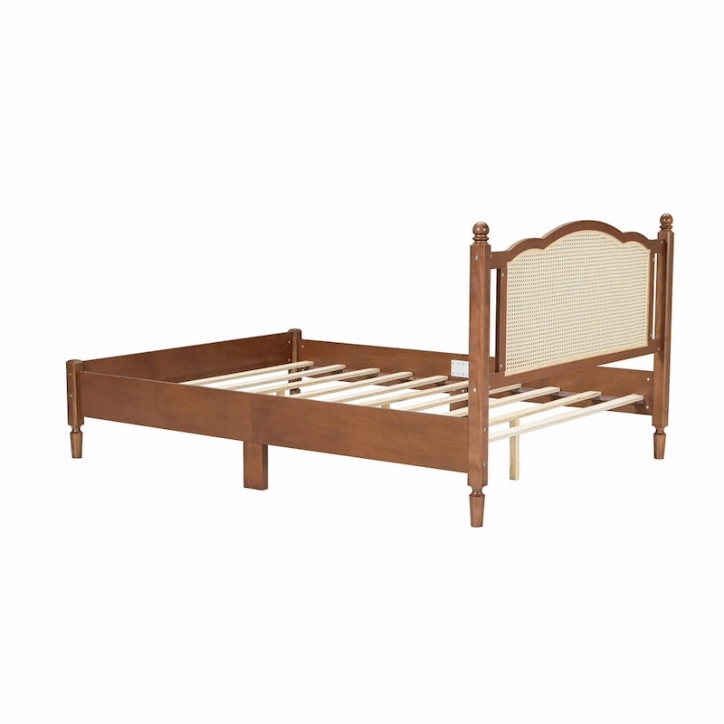 Letto a piattaforma con testiera in rattan nero/noce, Full/Queen, 2 persone