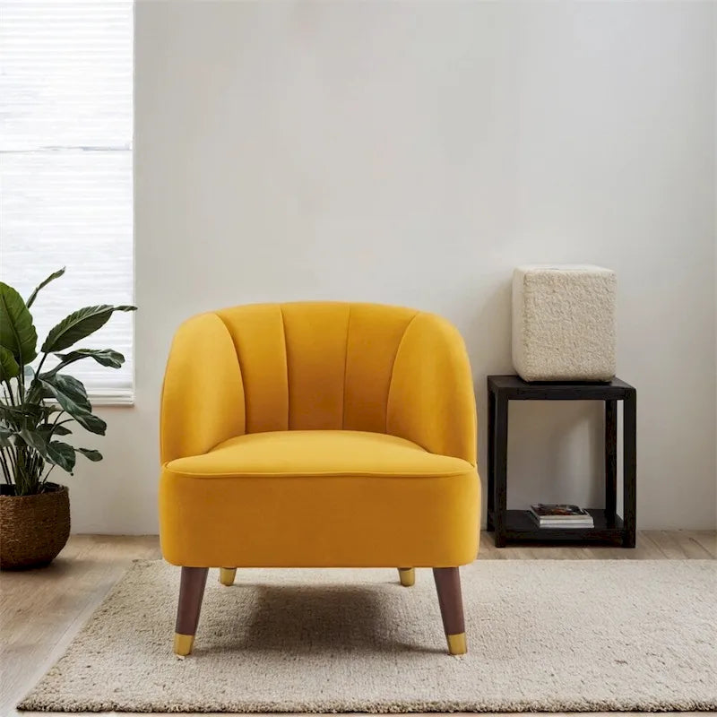 Poltroncina a barilotto in velluto arancione/fard/smeraldo/bianco con gambe in legno, seduta singola