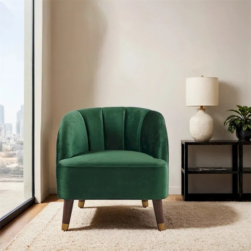 Poltroncina a barilotto in velluto arancione/fard/smeraldo/bianco con gambe in legno, seduta singola