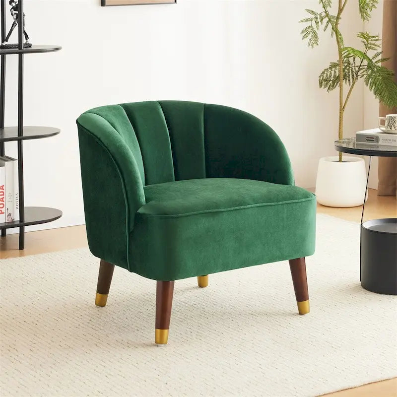 Poltroncina a barilotto in velluto arancione/fard/smeraldo/bianco con gambe in legno, seduta singola
