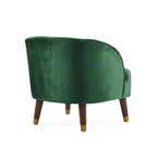 Poltroncina a barilotto in velluto arancione/fard/smeraldo/bianco con gambe in legno, seduta singola