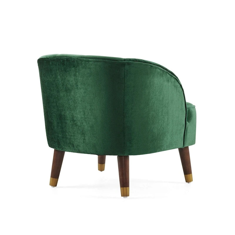 Poltroncina a barilotto in velluto arancione/fard/smeraldo/bianco con gambe in legno, seduta singola