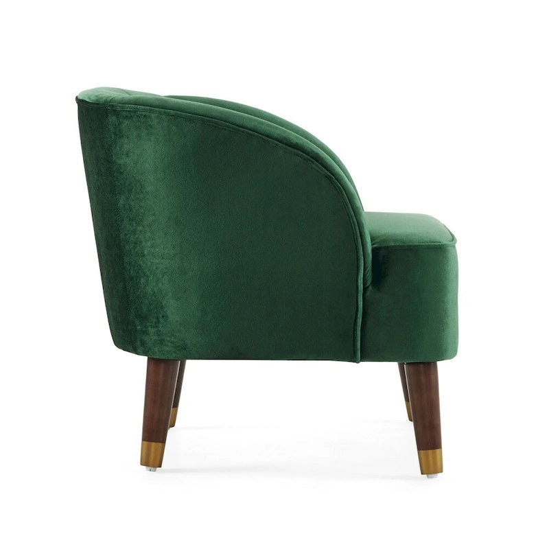 Poltroncina a barilotto in velluto arancione/fard/smeraldo/bianco con gambe in legno, seduta singola