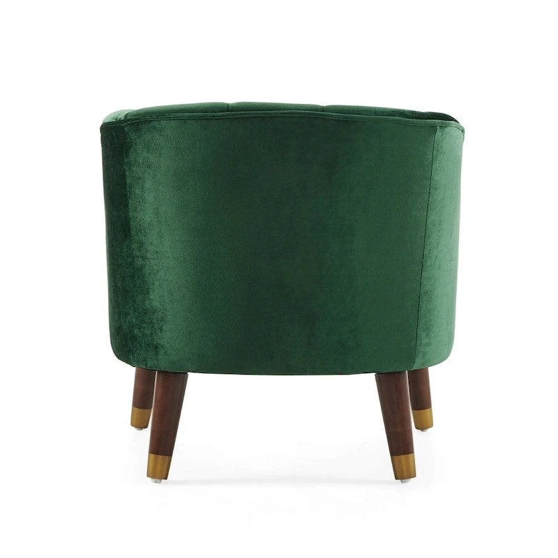Poltroncina a barilotto in velluto arancione/fard/smeraldo/bianco con gambe in legno, seduta singola