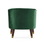 Poltroncina a barilotto in velluto arancione/fard/smeraldo/bianco con gambe in legno, seduta singola