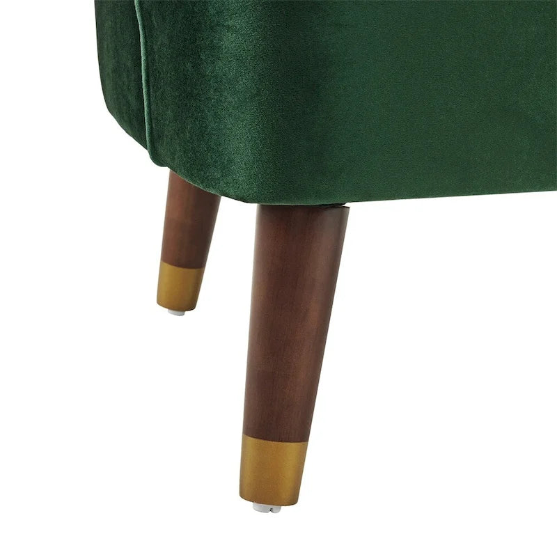 Poltroncina a barilotto in velluto arancione/fard/smeraldo/bianco con gambe in legno, seduta singola