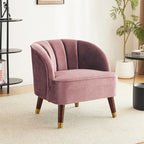Poltroncina a barilotto in velluto arancione/fard/smeraldo/bianco con gambe in legno, seduta singola