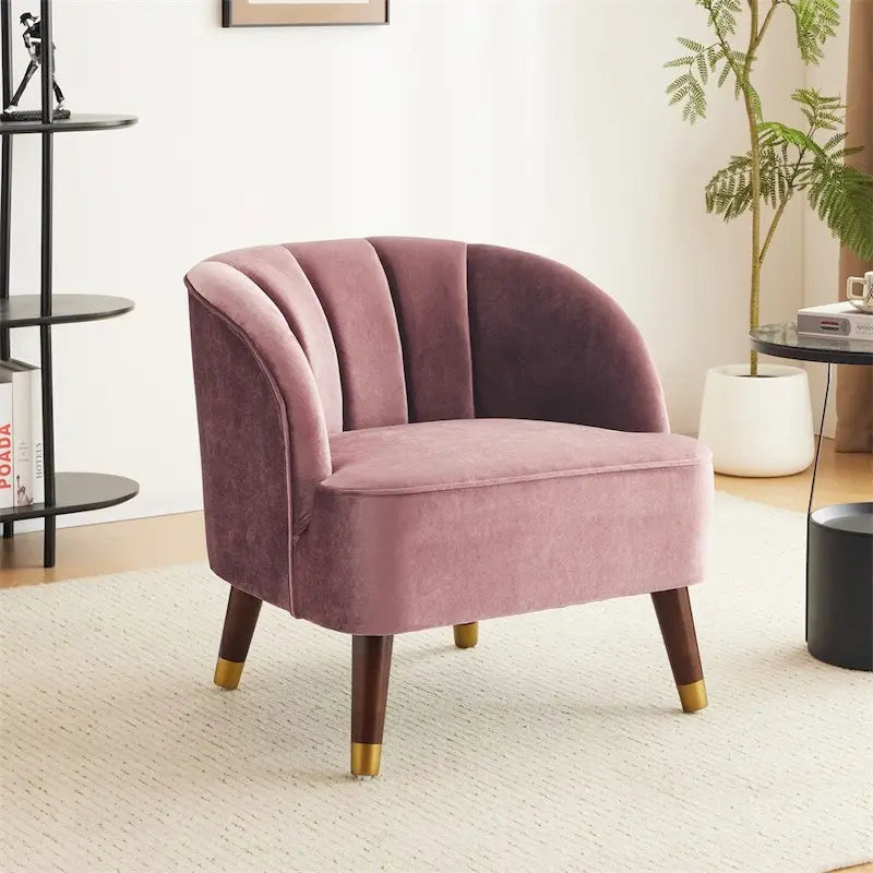 Poltroncina a barilotto in velluto arancione/fard/smeraldo/bianco con gambe in legno, seduta singola