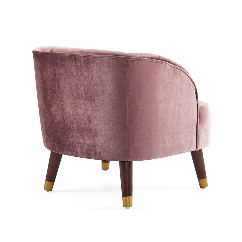 Poltroncina a barilotto in velluto arancione/fard/smeraldo/bianco con gambe in legno, seduta singola